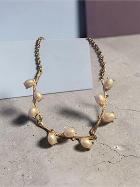 🌿 Vintage Sarah Coventry Pearl Branch Necklace Gold Tone 18”